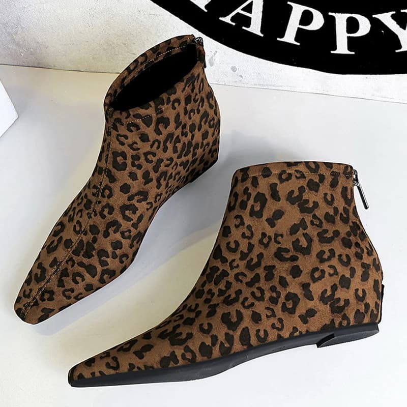 BIGTREE Autunno Inverno Stampa leopardata Retro Punta a punta Stivaletti da donna Zeppe Tacchi Scarpe con cerniera Zapatillas De Mujer