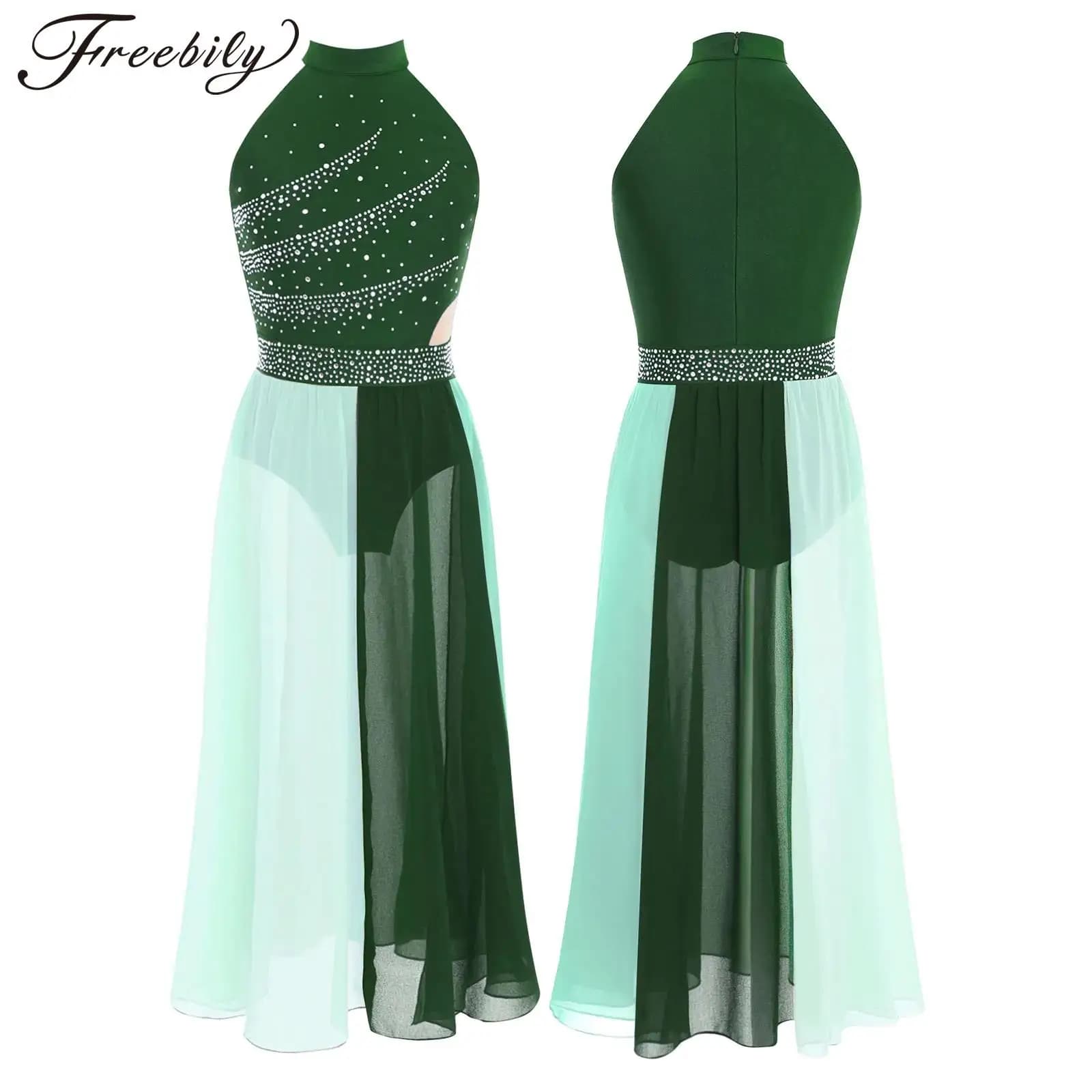 Abito da lode per ragazze Abito da pattinaggio di figura in chiffon Spettacolo teatrale Costume da ballo lirico Abbigliamento da ballo per bambini con collo a lupetto