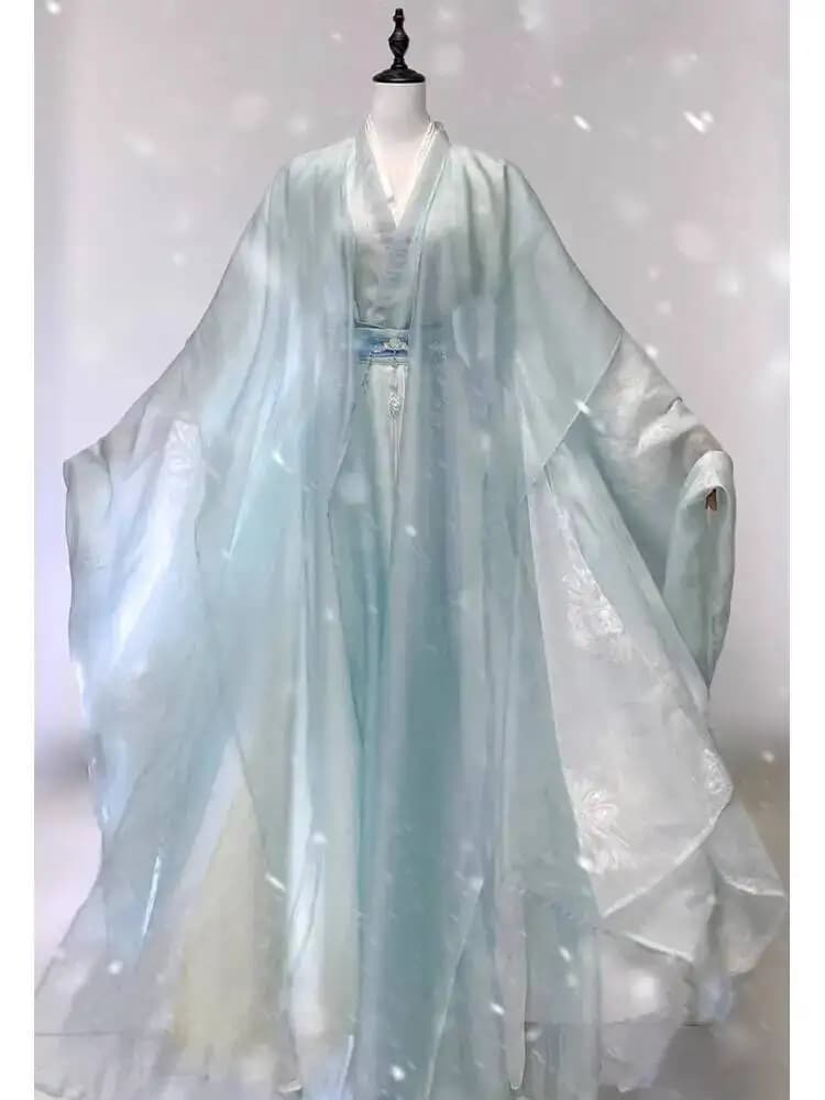 Wei Jin Dynasty Immortal Style Hanfu For Women, Blue Ancient Costume With Cross Collar, Waist-Length, Large Sleeves, Ancient