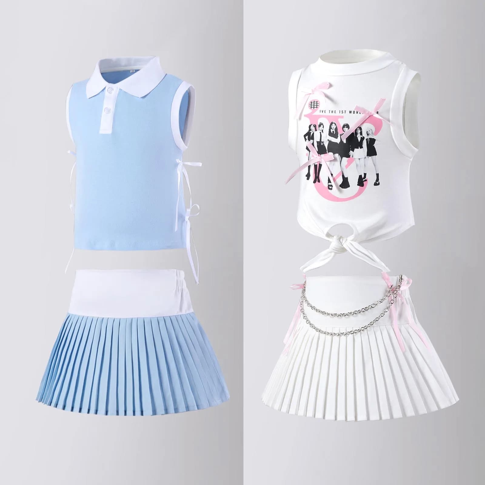 Set of clothes for girls school white refreshing sports clothing for kids top without summer sleeves pleated skirt dresses 8 10 12 years