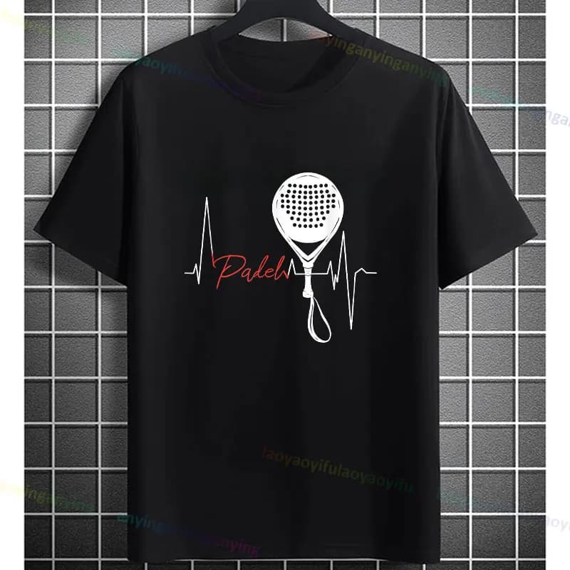 T-shirt grafica unisex divertente da padel tennis - nera con maglietta bianca a maniche corte casual in puro cotone con racchetta da padel e palla