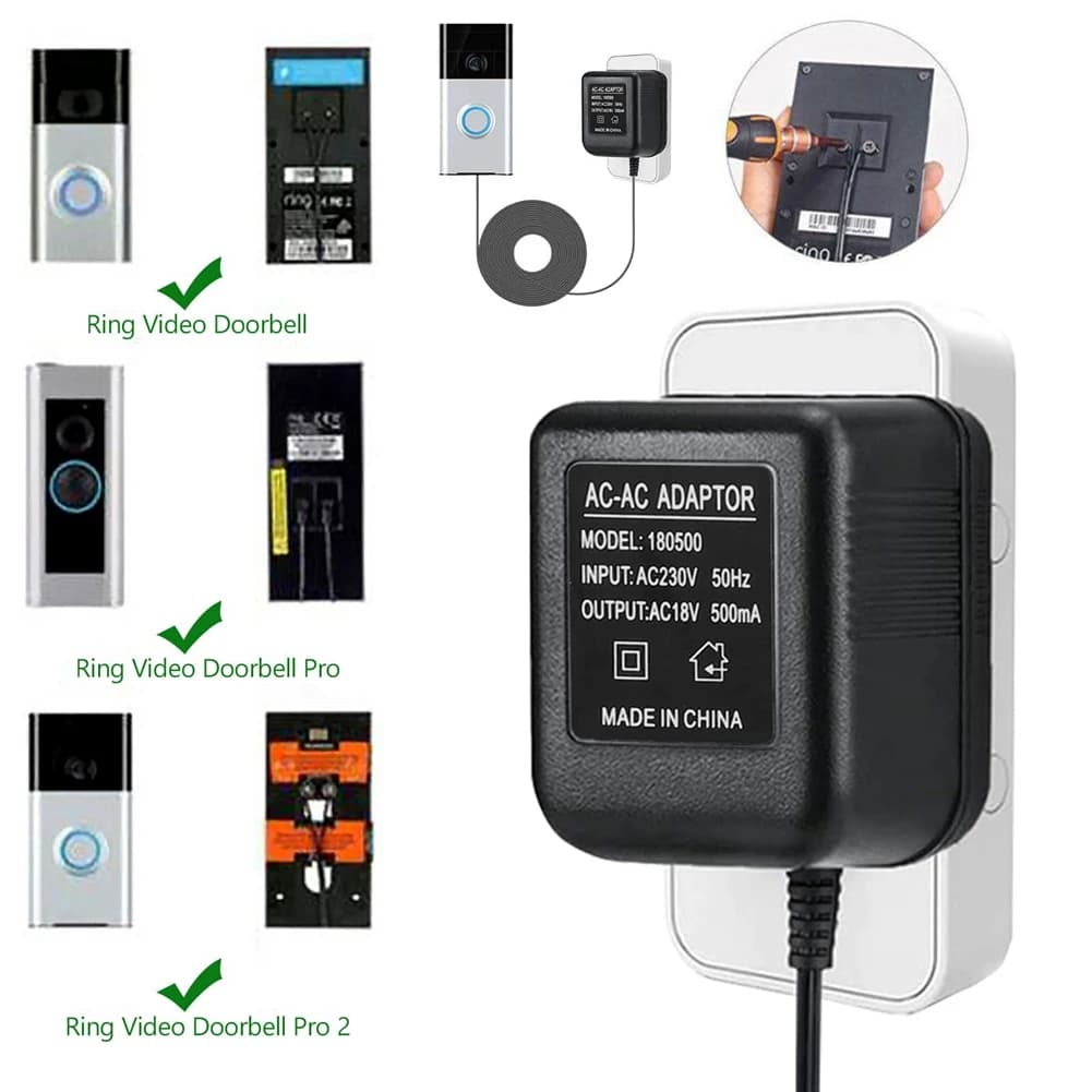 Adattatore di Alimentazione per Campanello ABKU-AC, Trasformatore 18V 500MA, Cavo 10M, Compatibile con Ring Doorbell, Videocitofono con Spina EU