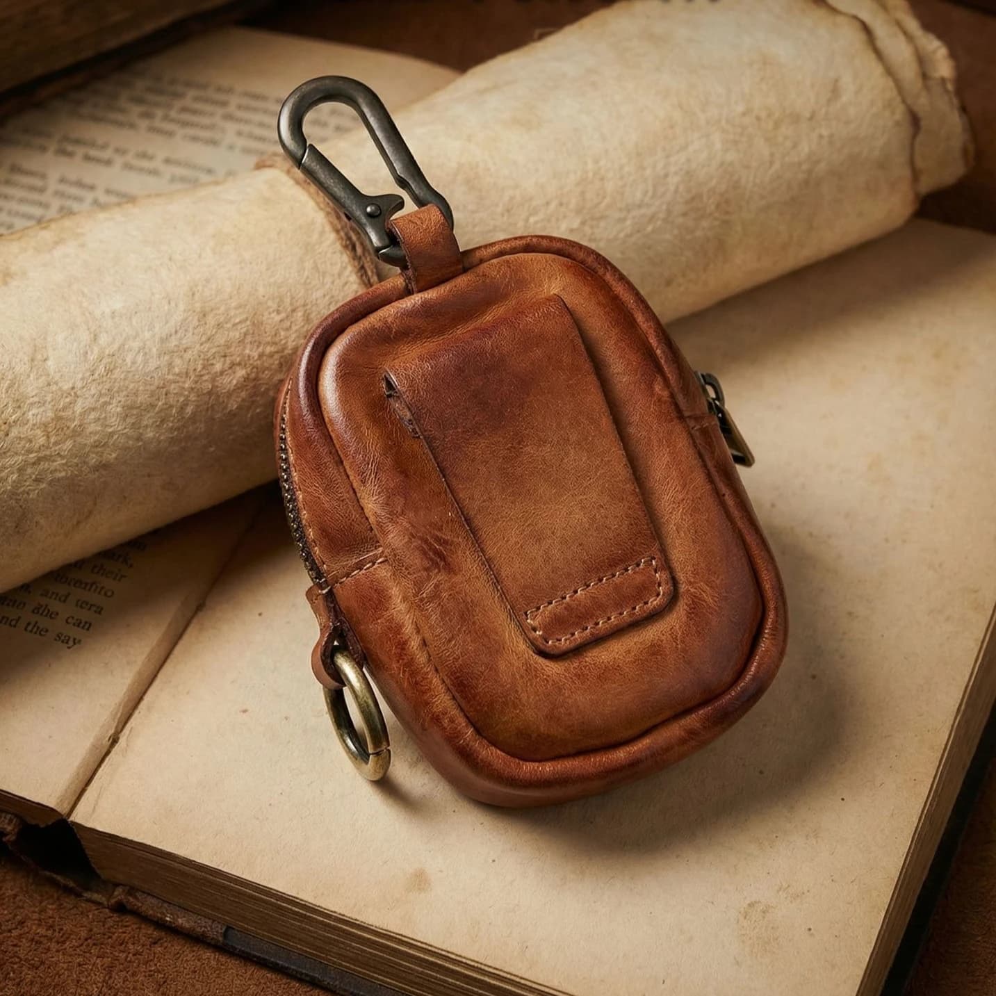 Portamonete da Uomo in Vera Pelle, Mini Portafoglio con Cerniera e Passante per Cintura, Leggero Portachiavi per Uomini