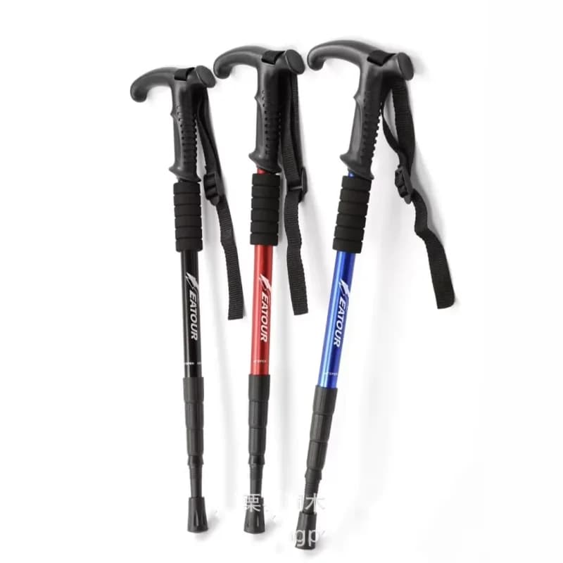 Aluminum Alloy Telescopic Hiking Stick with T Grip, Four-Section Adjustable Trekking Pole, Anti-Slip Outdoor Walking Cane for Mo