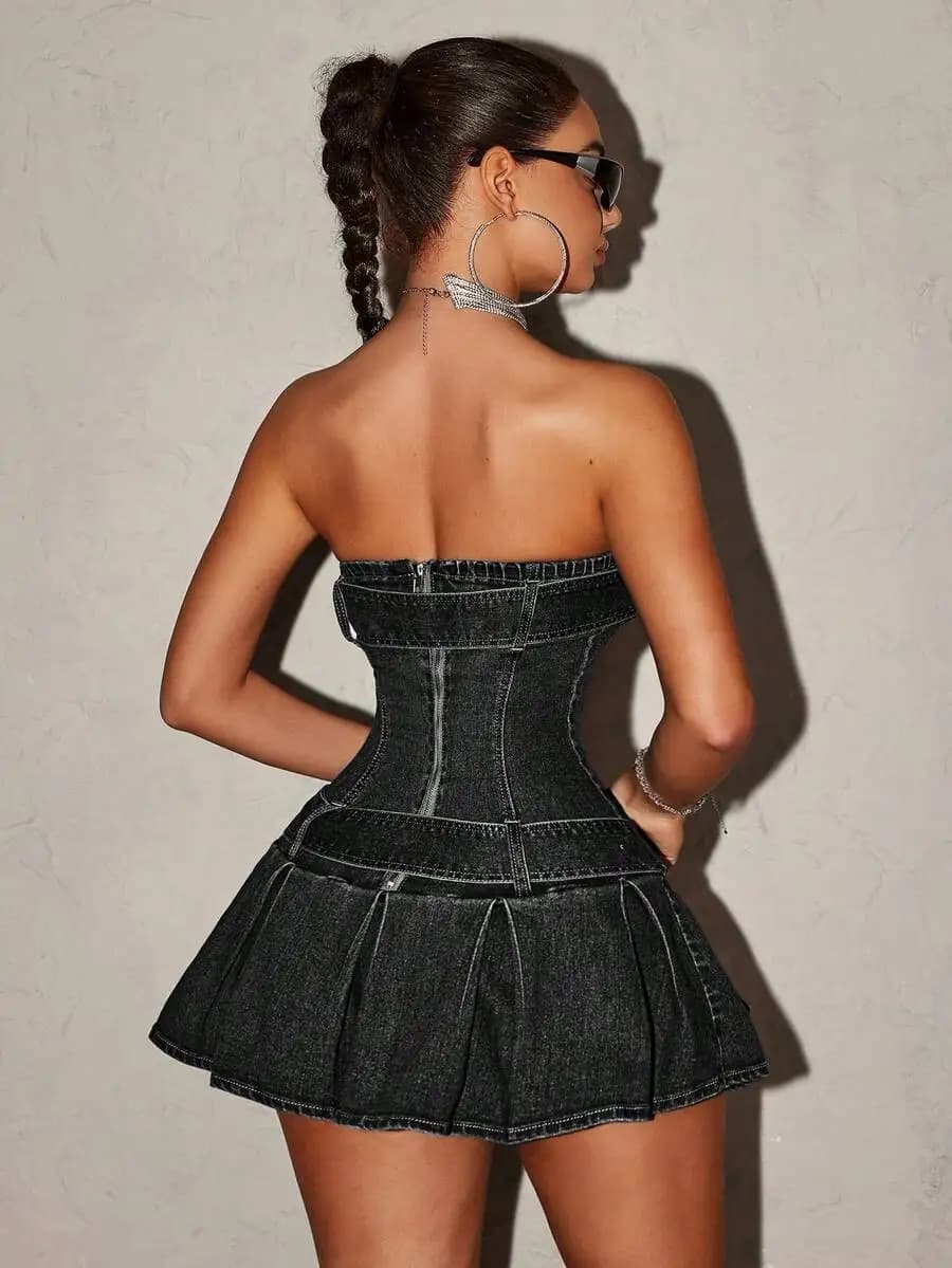 Denim Corset Tube Top Mini Dress With Pleated Skirt For Summer