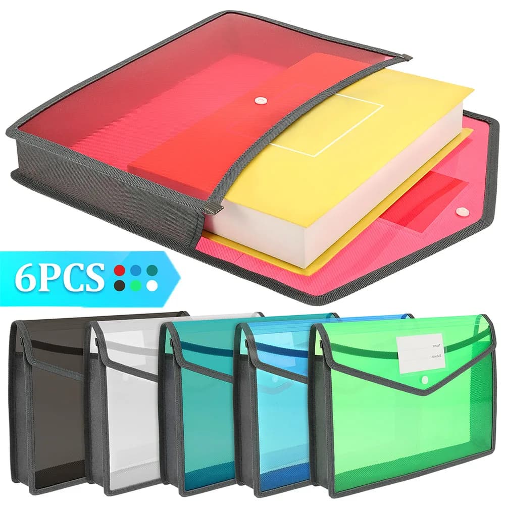 Cartella portadocumenti espandibile in plastica trasparente A4 da 6 pezzi con chiusura a scatto Cartella portadocumenti di grande capacità Forniture per ufficio