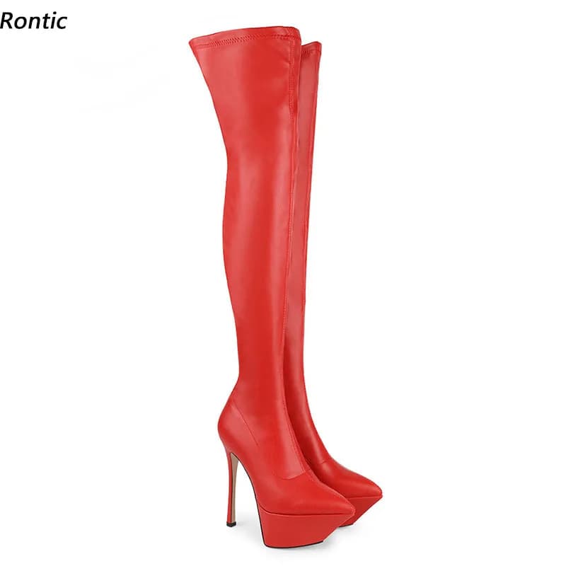 Rontic Women Spring Stretch Thigh Boots Side Zipper Sexy Stiletto Heel Pointed Toe Red Silver Night Club Shoes US Size 5-13