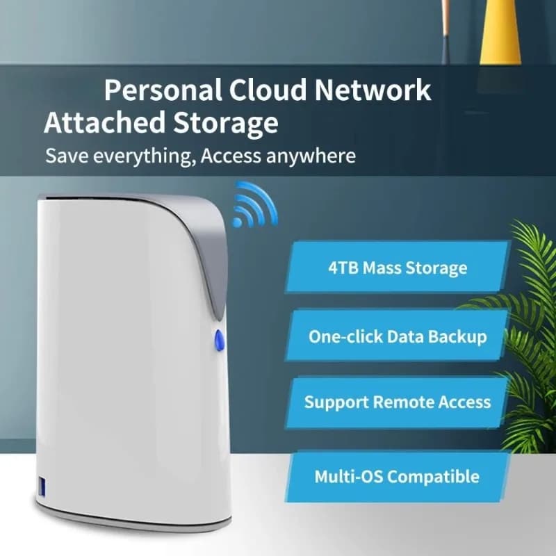 NAS Cloud Personale da 4TB con Accesso Remoto Wireless e Backup Automatico per Telefono, Tablet, Laptop, Casa e Ufficio, Connessione Ethernet