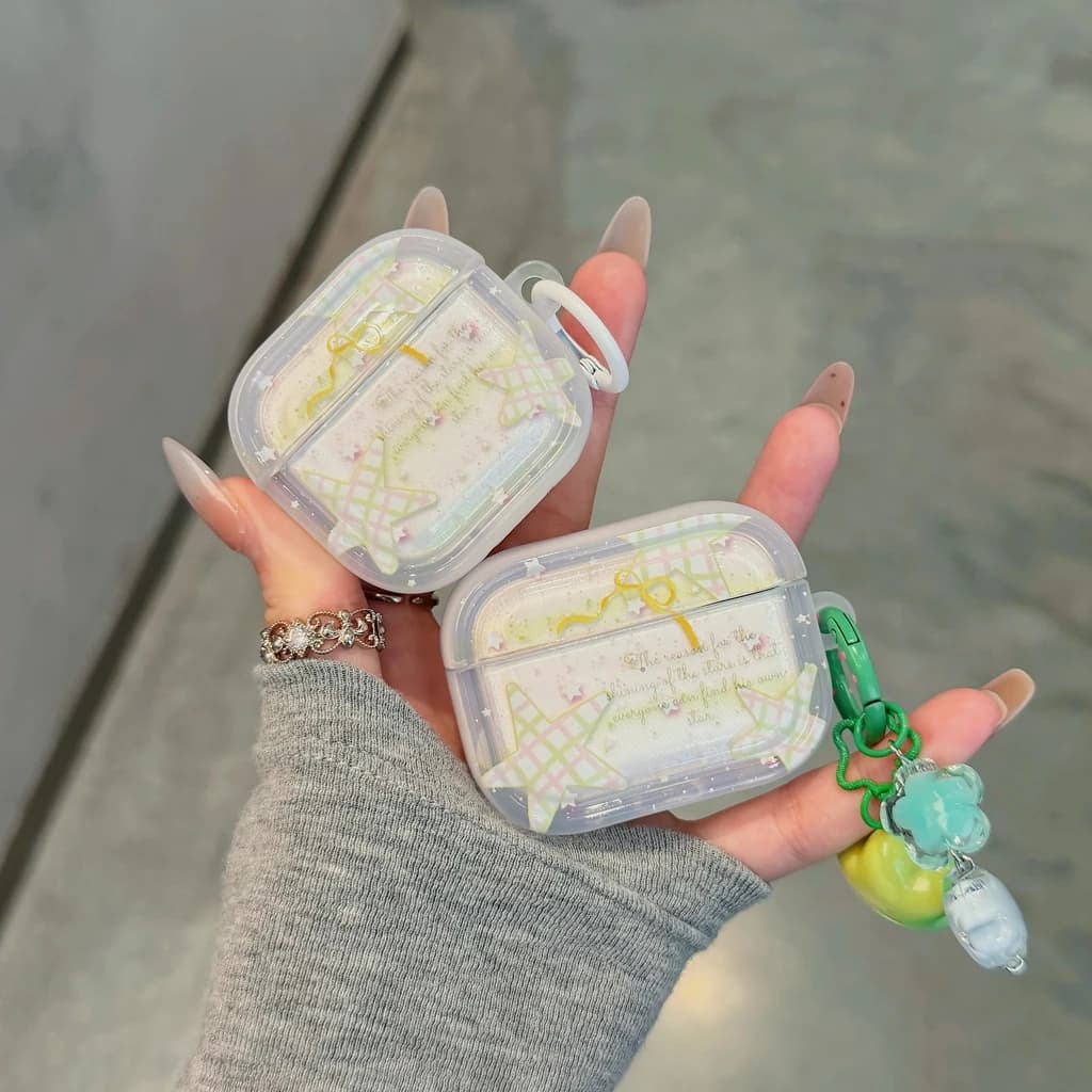 Korean Style Stars Plaid Bowknot With Pendant Shockproof Protective Earphone Cover Case for AirPods 1 or 2 3 4 Pro 2 Pro 3