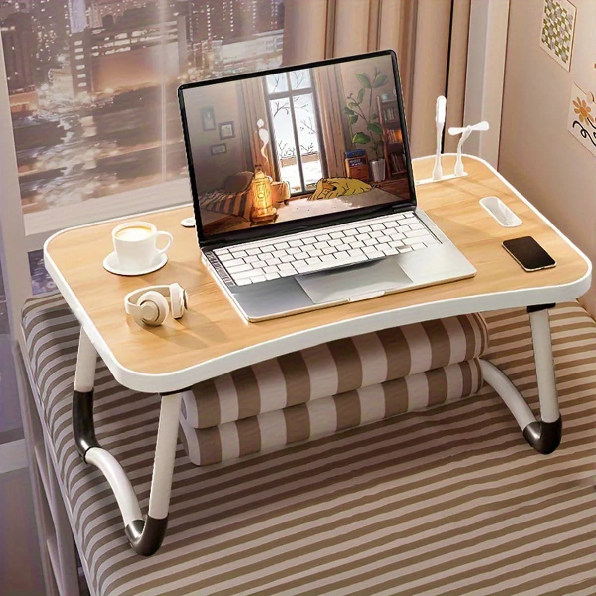 Scrivania portatile per laptop con luce USB e ventola – Tavolo pieghevole con portabicchieri, slot per tablet