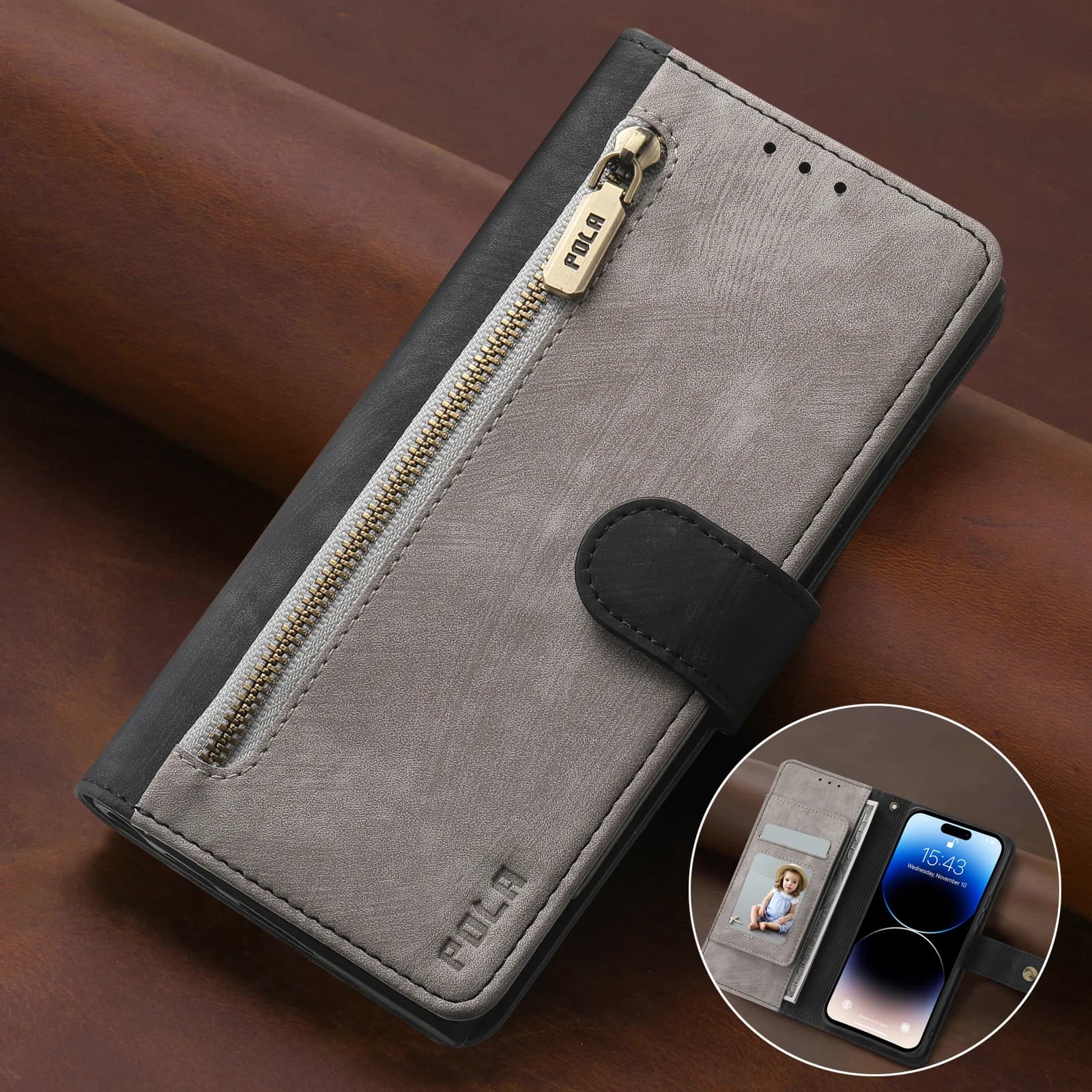 RFID Portafoglio con cerniera Flip Carte in pelle Solt Custodia per iPhone 14 15 16 Pro Max 13 12 11 SE 2022 X XS XR 8 7 Plus Custodia per telefono