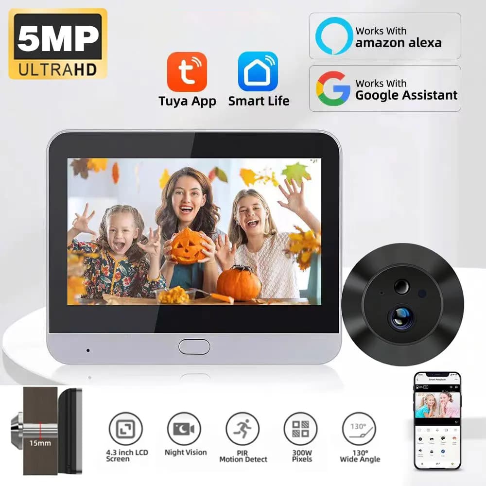 Spioncino Digitale WiFi 2.4Ghz 5MP con App Tuya Smart Life, Telecamera a Batteria con Monitor da 4.3 Pollici