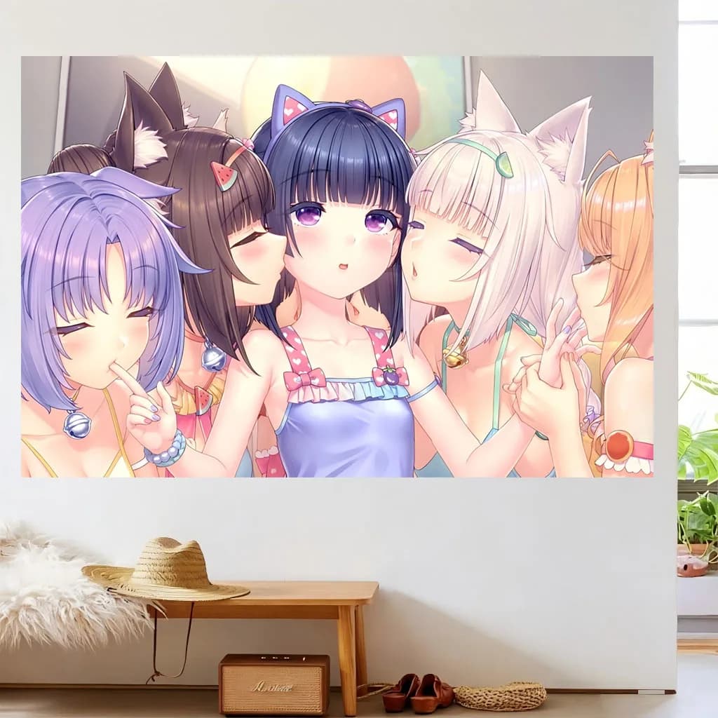 1pc N-Nekopara Group Neko Maid Tapestry Fruit Hair Clip Heart Camisole Print Wall Hanging Pastel Kawaii Decor Teen Bedroom Otaku