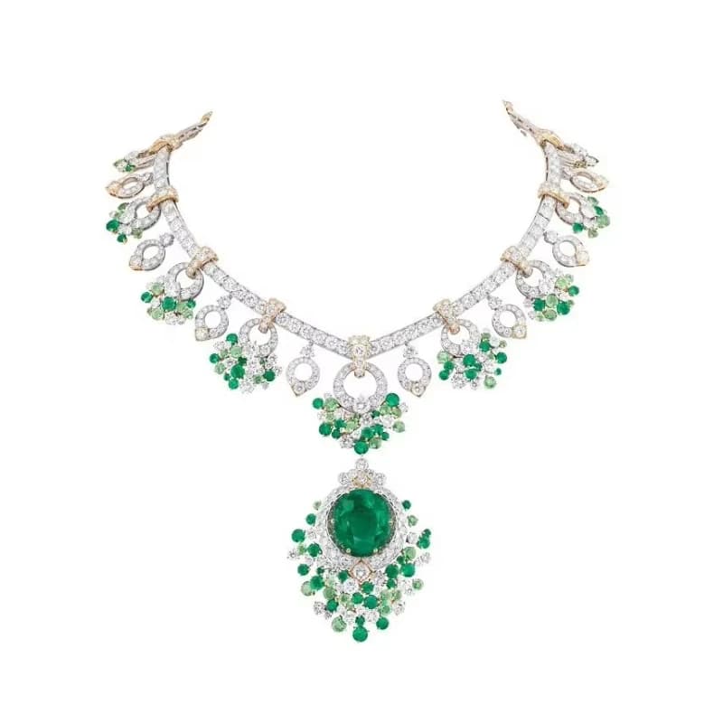 BELLUX Fine Jewelry Collana in argento 925 placcato oro con diamanti ad alto tenore di carbonio, smeraldi, tsavorite, banchetto, verde mela