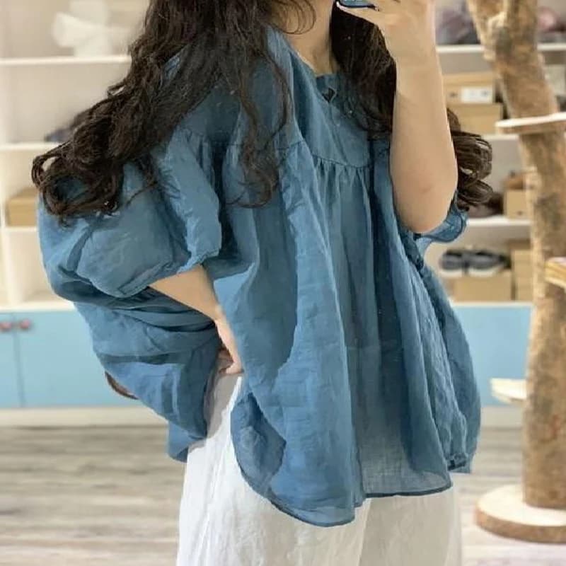 Summer New Sleeved Bat Blouse Fashion Solid Color Women High Street Casual Pullover Wide Vintage fiberline All-match top