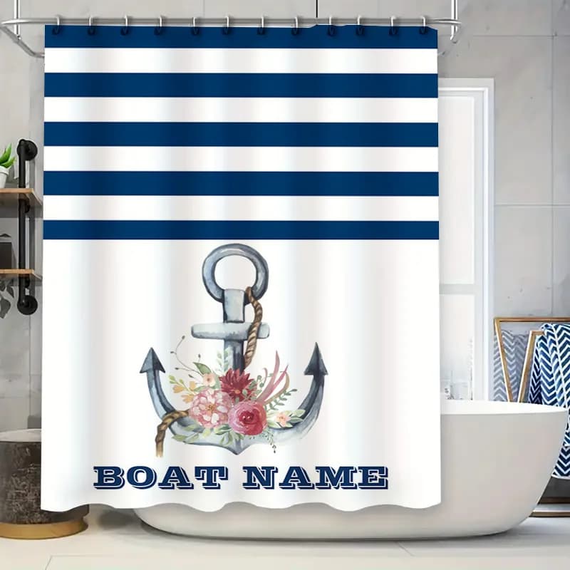 Tenda da doccia con ancoraggio acquerello, decorazione personalizzata per bagno, strisce blu navy, nome della barca, set di tessuti impermeabili personalizzabili