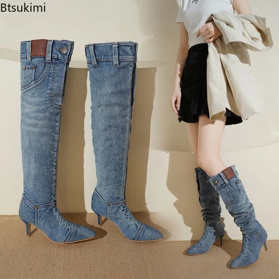 Stivali Lunghi da Donna Primavera Autunno 2026, Stivali in Denim con Tacco Sottile e Punta Affusolata, Scarpe Femminili in Jeans