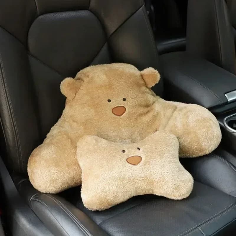 Set di Cuscini per Auto a Forma di Orso Cartoonesco - Morbido Poggiatesta e Supporto Lombare per il Comfort di Collo e Schiena