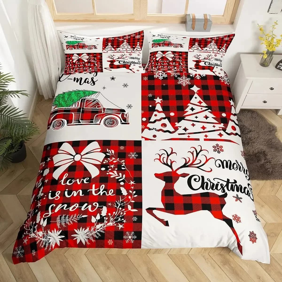 Christmas baby blanket set, rustic red buffalo trim, Scottish bedding set with Christmas tree, elk, deer, snowflake