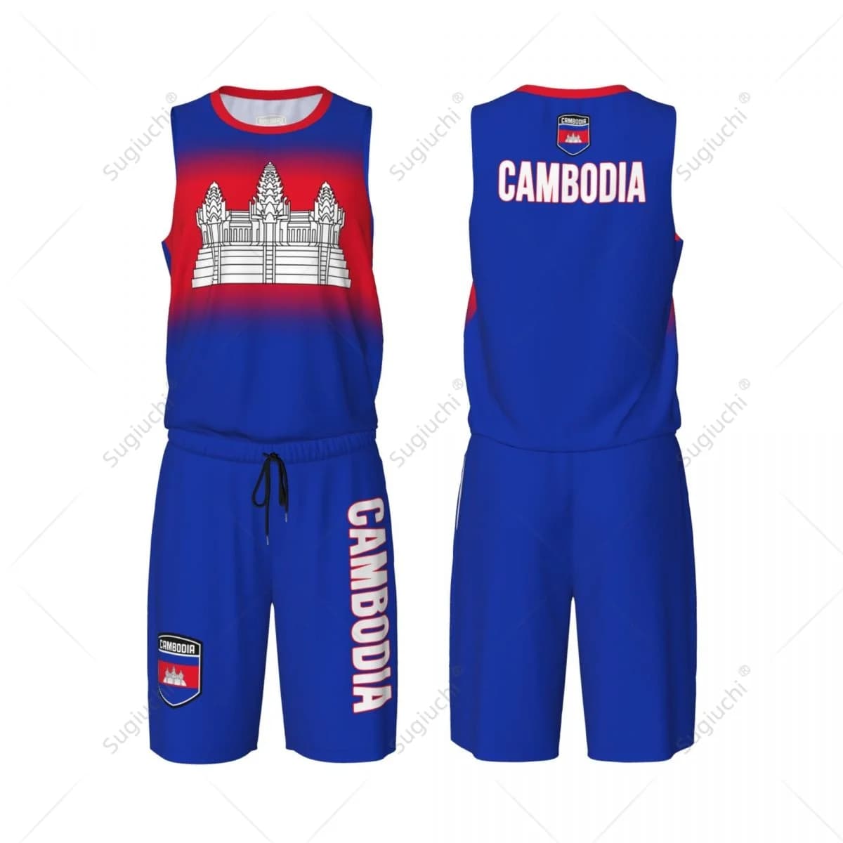 Set da basket da uomo con bandiera del Cambogia, camicia e pantaloni in rete, senza maniche, esclusivo nome personalizzato per squadra, Nunber, unisex