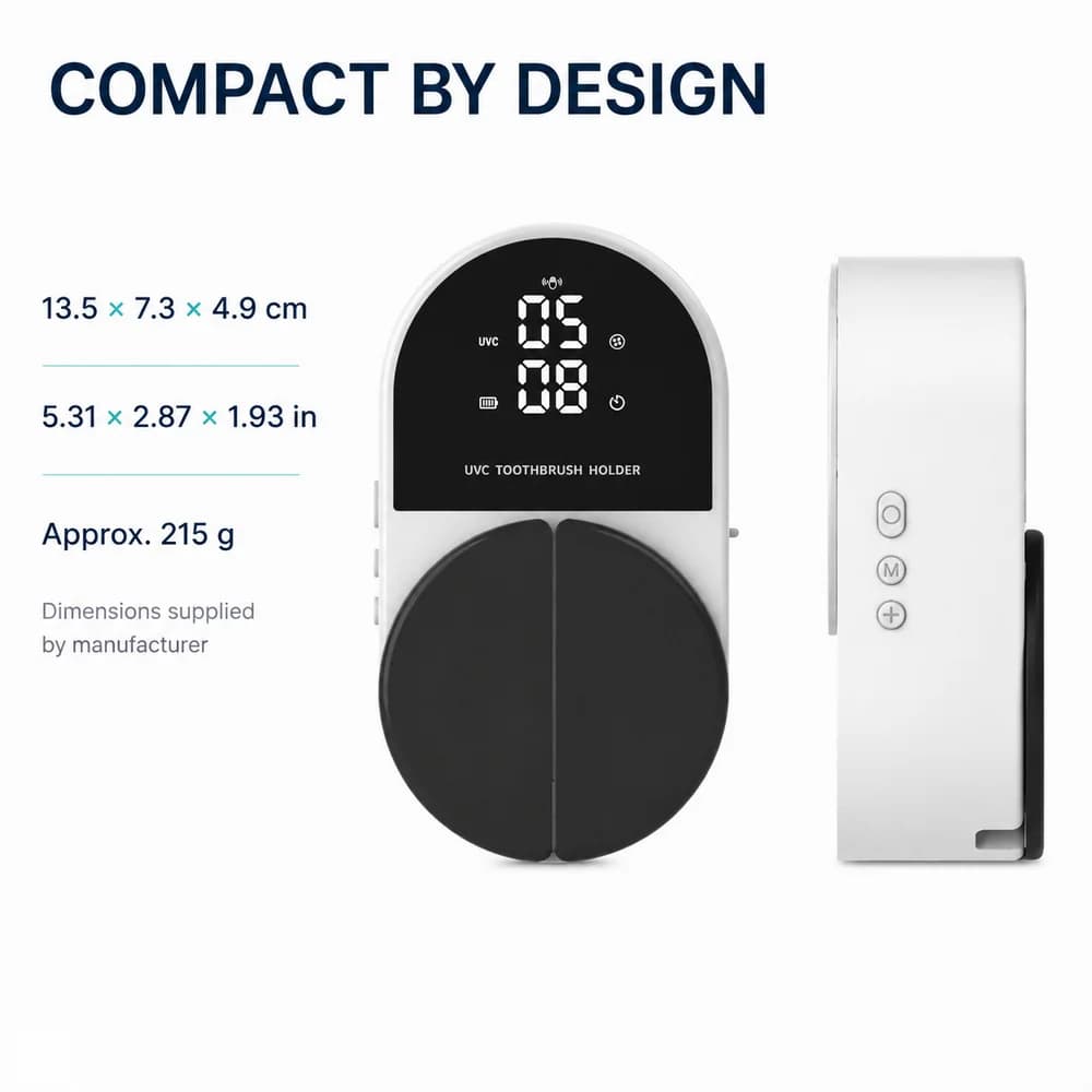 Wall Mounted UVC Toothbrush Holder with Sensing Cover 2000mAh Battery LED Clock USB-C Rechargeable Dual Slot White Bathroom Rack