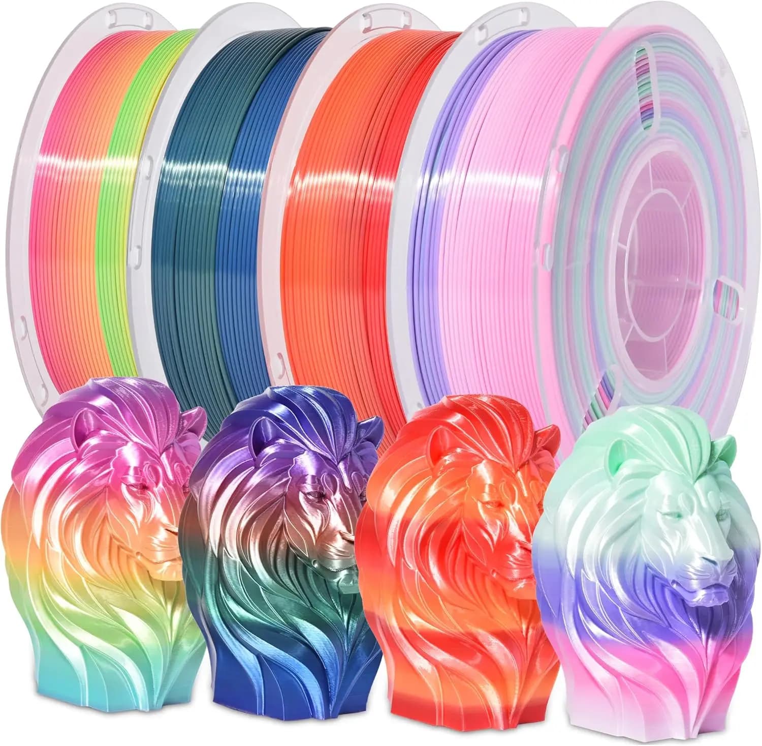 Filamento PLA Silk Rainbow per Stampante 3D, Set di 4 Colori, 1.75mm Multicolore, 1kg Ciascuno