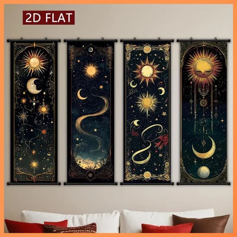 VIKAMA Celestial Sun Moon Wall Scroll Tapestry Black Gold Astrology Star Tarot Hanging Scroll Gothic Mystic Wall Art Decor