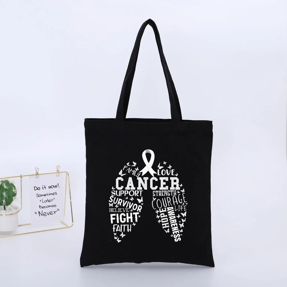 Typography Print Canvas Tote Bag with Awareness Ribbon, Casual Style for Daily Shopping and Support Events
