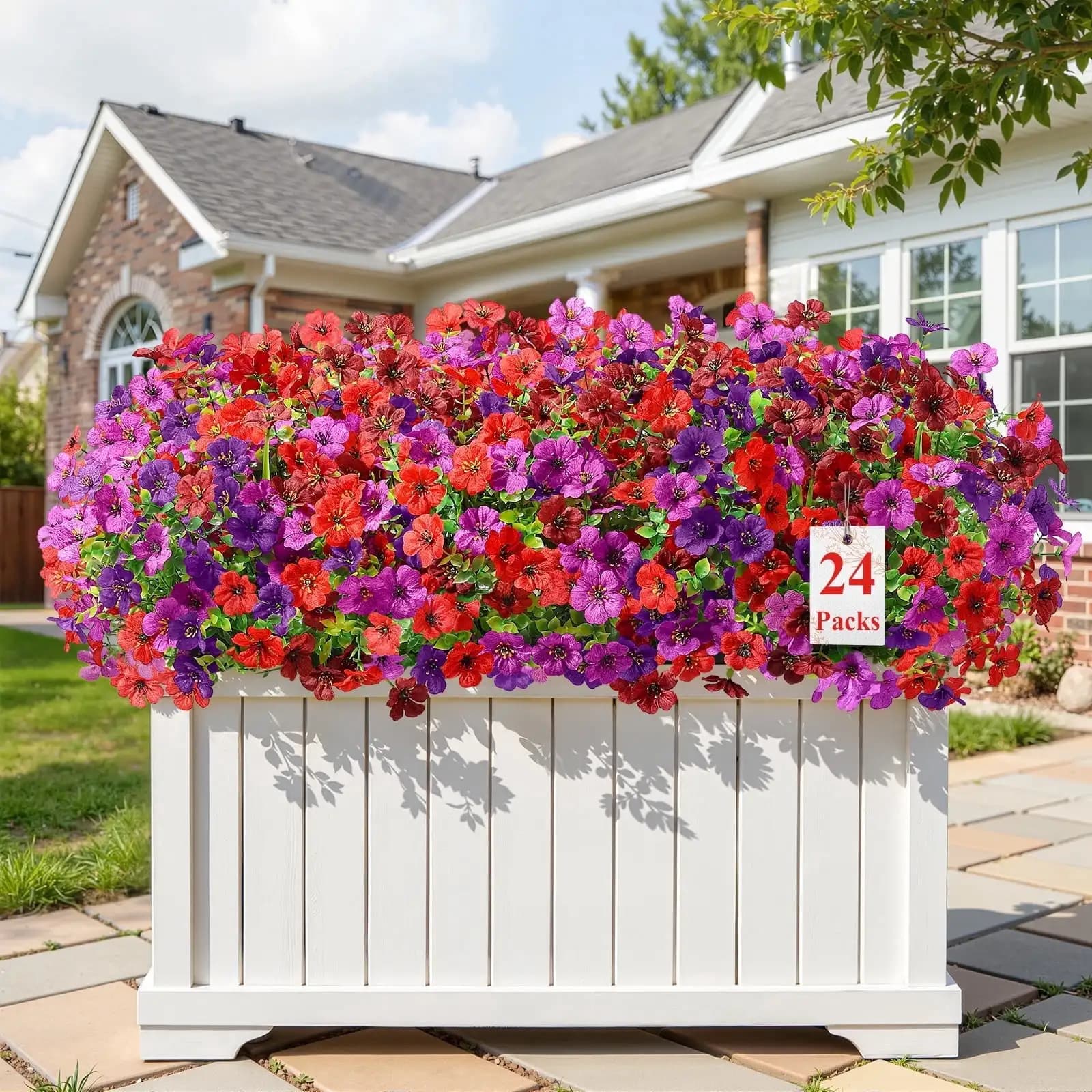 24 Bundles Red Brown Purple Deep Purple UV Resistant Spring Artificial Silk Flowers Faux Fake Plants Indoor Outdoor Decor For Yard Home Porch Window Box Garden Patio