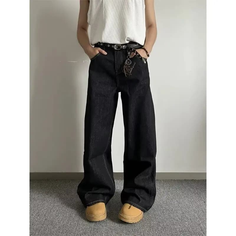 American Retro Black Wide-leg Jeans Men's 2026 New Trendy Brand Loose Straight Cleanfit Casual Trousers