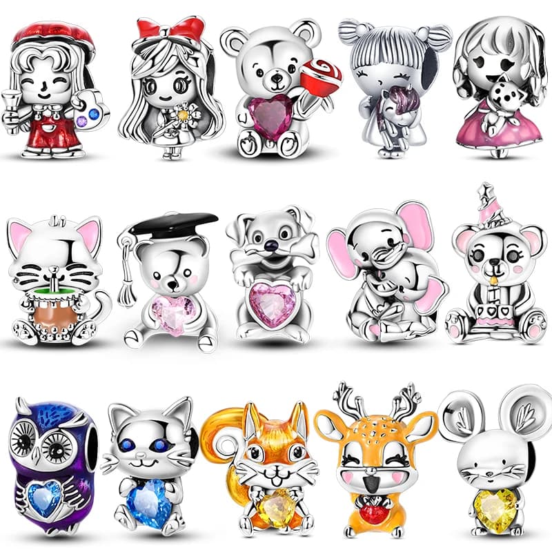 Original 925 Silver Pendants with cute animals, cat, bear, for silver bracelet, Fahsion jewelry DIY