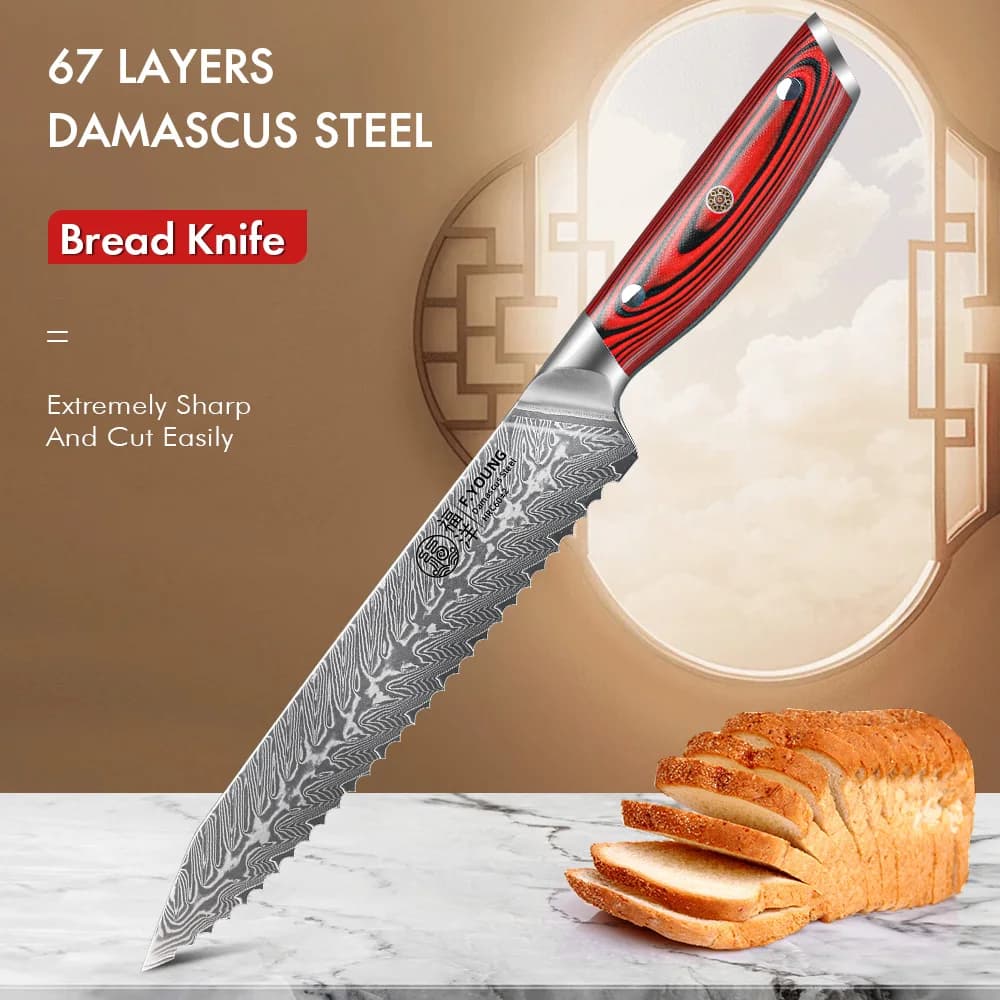 F.YOUNG 8 "coltello da pane seghettato 67 strati damasco VG10 lama cucina Chef coltello taglio torta formaggio Baguette panetteria utensile da cucina
