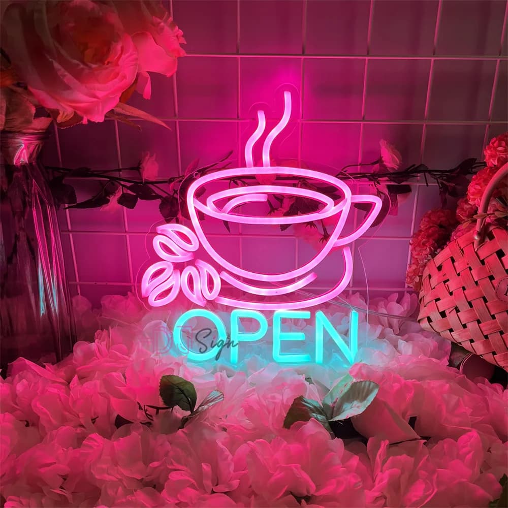 Insegna al neon aperta per caffè, caffetteria, decorazione da parete a LED sospesa, luci aziendali per bar, caffetteria, negozio, decorazione aperta, insegne luminose al neon