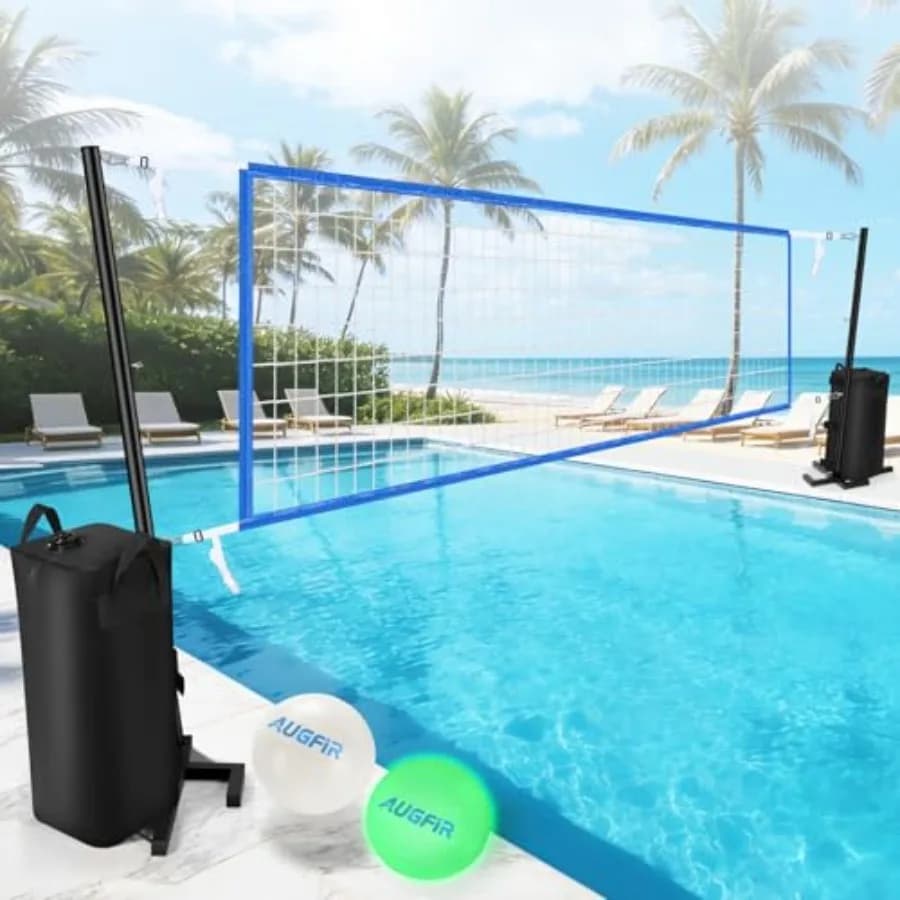 Rete da pallavolo per piscina, set da pallavolo per piscina resistente con 2 palloni da piscina, supporto stabilizzante per rete da pallavolo con due corde da 25 piedi