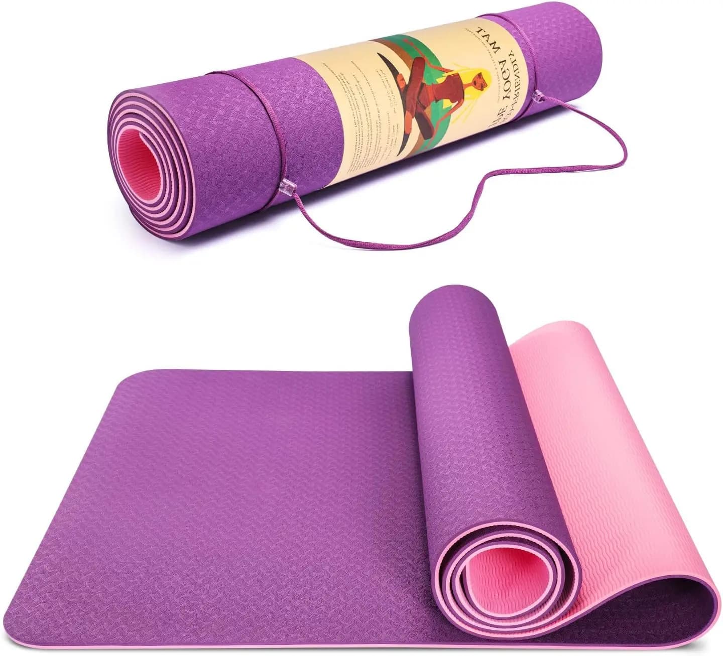 Tappetino Yoga Extra Largo Antiscivolo, 72x24 Pollici, Spessore 6mm, in TPE per Yoga e Pilates con Cinghia di Trasporto