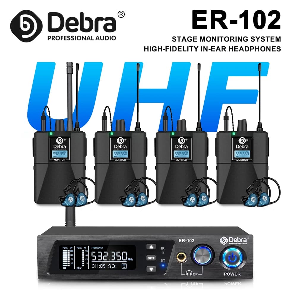 Sistema di monitoraggio in-ear wireless professionale Debra ER-102, banda UHF con supporto Bluetooth 5.0, per performance sul palco, batteristi