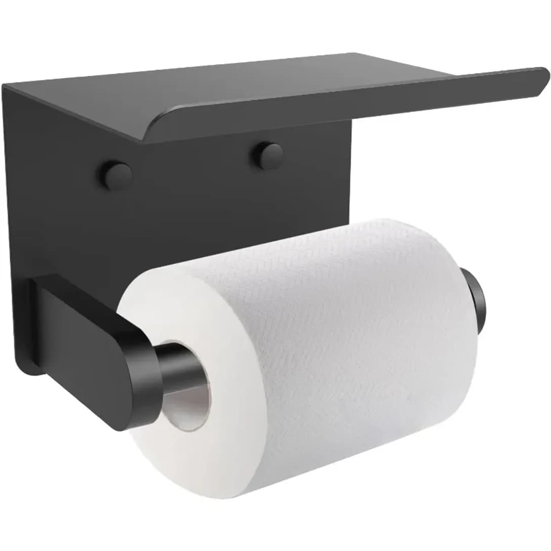Toilet Paper Holder with Shelf Adhesive or Screw Bathroom Toilet Paper Roll Holders Wall Mount Matte Black Tissue Holder