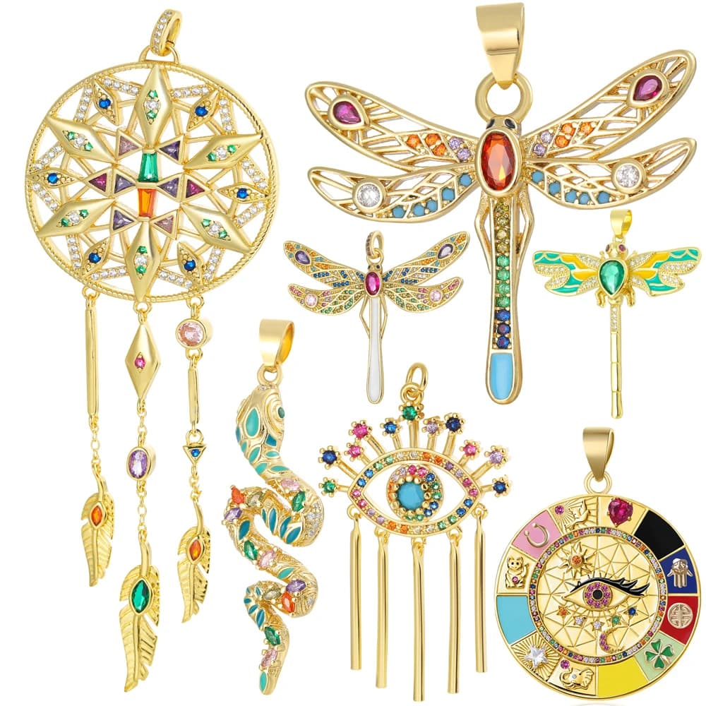 Juya 18K Gold Plated Colorful Enamel Dragonfly Snake Dreamcatcher Greek Evil Eye Charms For DIY Mother's Day Jewelry Making
