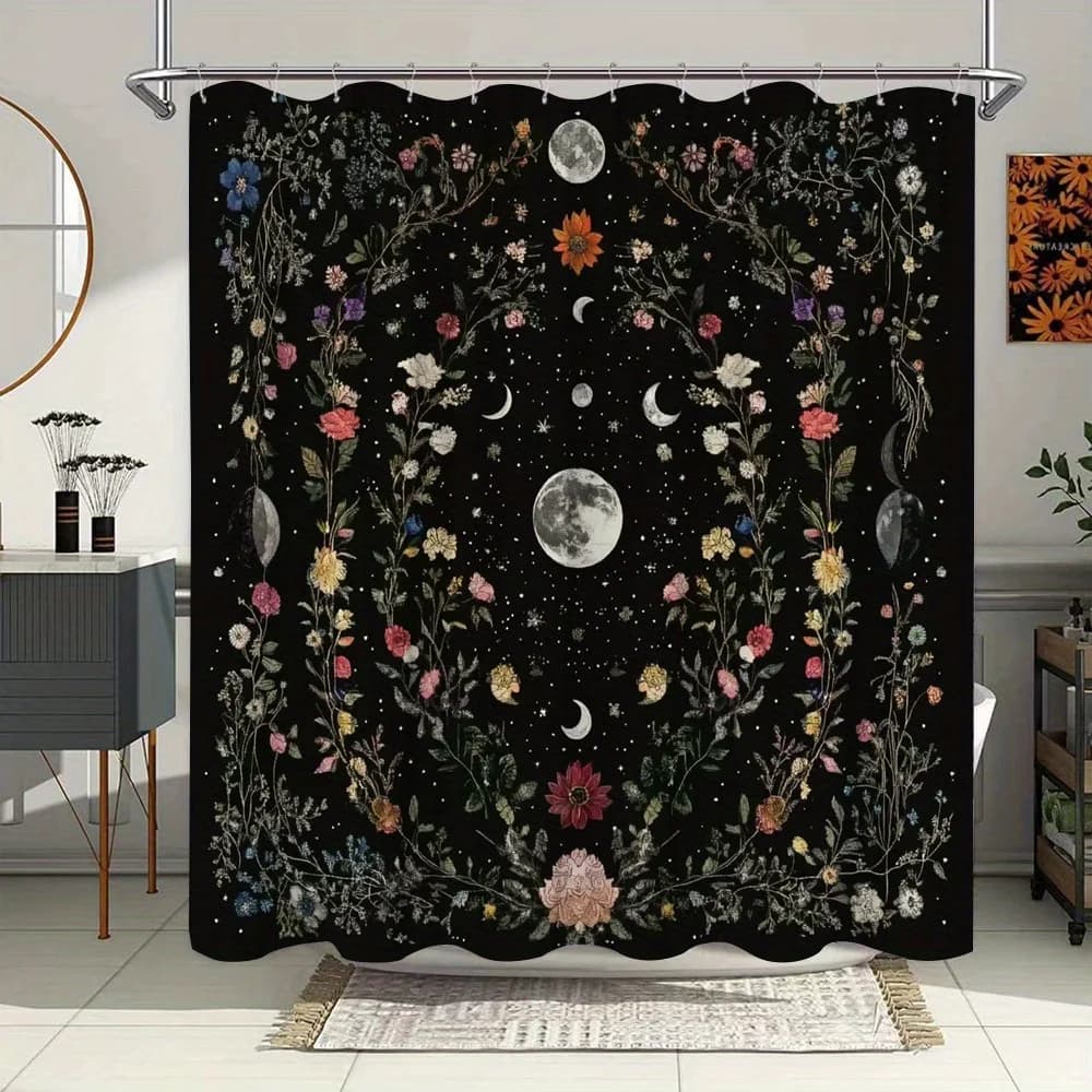 Tenda da doccia impermeabile con motivi floreali mistici e lunari per l'arredamento del bagno, design artistico moderno, colori vivaci