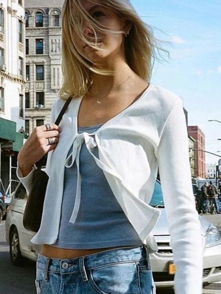 T-Shirt a coste con fiocco solido donna 2023 primavera Sexy scollo a V manica lunga t-Shirt ragazza semplice dolce carino Casual cotone Y2k Crop top