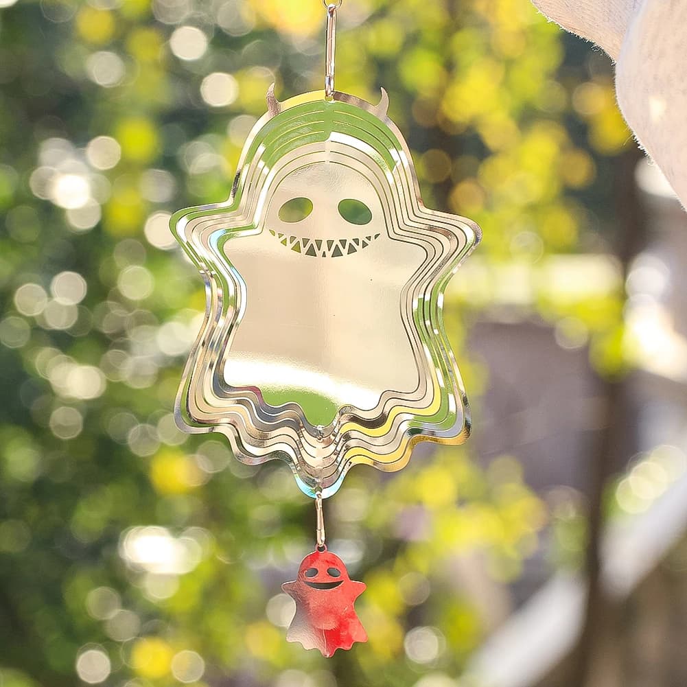 Halloween Ghost Wind Spinner Hanging Decoration Outdoor Garden Yard Ornament Reflective Metal Wind Chime Horror Decor Hook Style