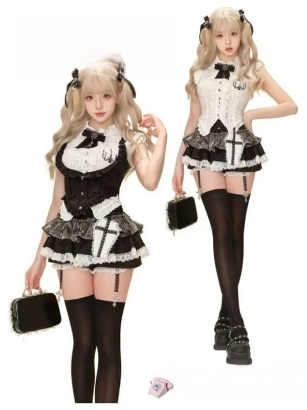 Sweet And Cool School Uniform Set Hollow out Shirt with Belted Waist Slimming Vest Puffy Cake Skirt Three Piece Set for Women