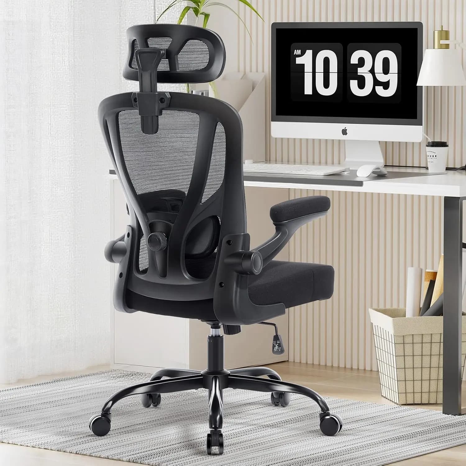 Sedia da Ufficio Ergonomica con Supporto Lombare, Poggiatesta, Funzione Dondolo, Braccioli Ribaltabili, Schienale Alto in Rete per Casa e Ufficio