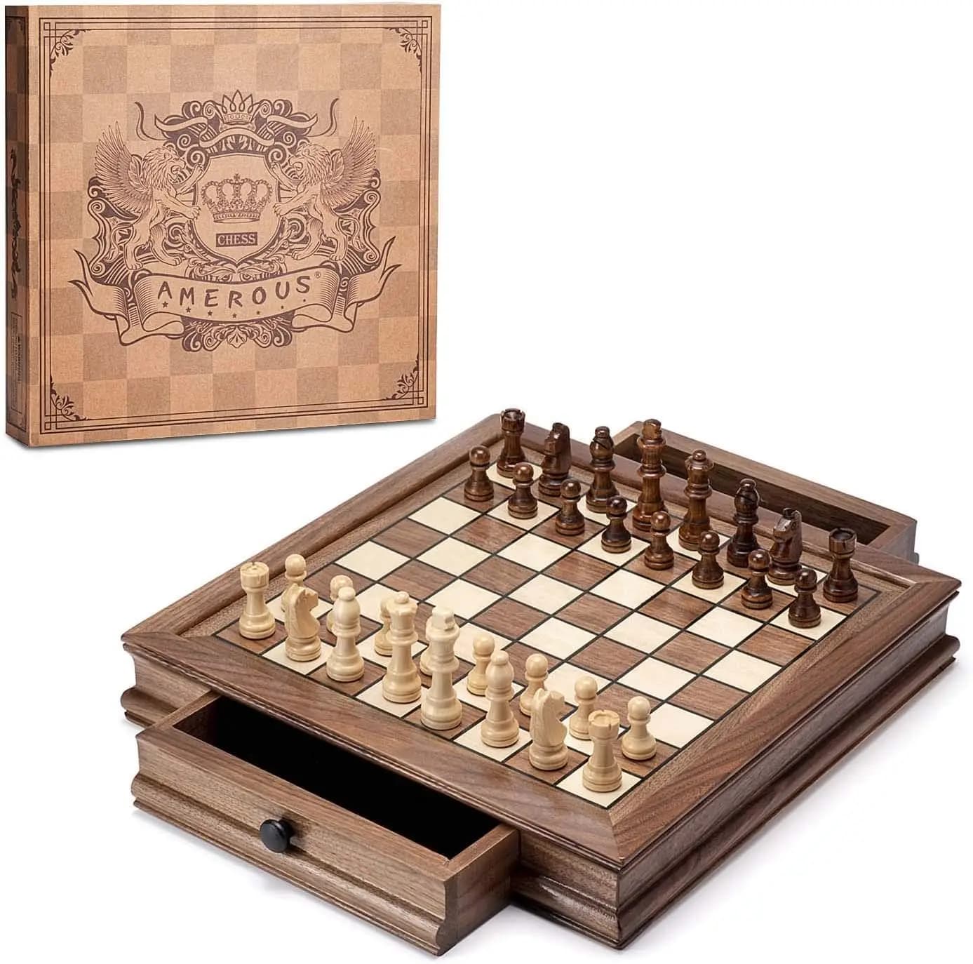 Set di Scacchi Magnetico in Legno, Scacchiera in Noce 32,5 cm x 32,5 cm con 2 Cassetti Portaoggetti, 2 Regine Extra, da Principianti ad Adulti
