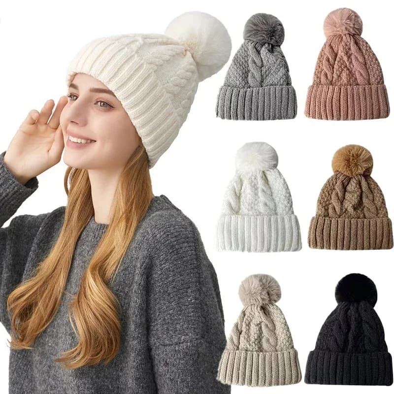 Cappelli invernali lavorati a maglia intrecciati Pompon di pelliccia calda Berretto di peluche spesso Berretti Solido da donna Versatile Sci Neve Skullies Berretti Cappello di velluto