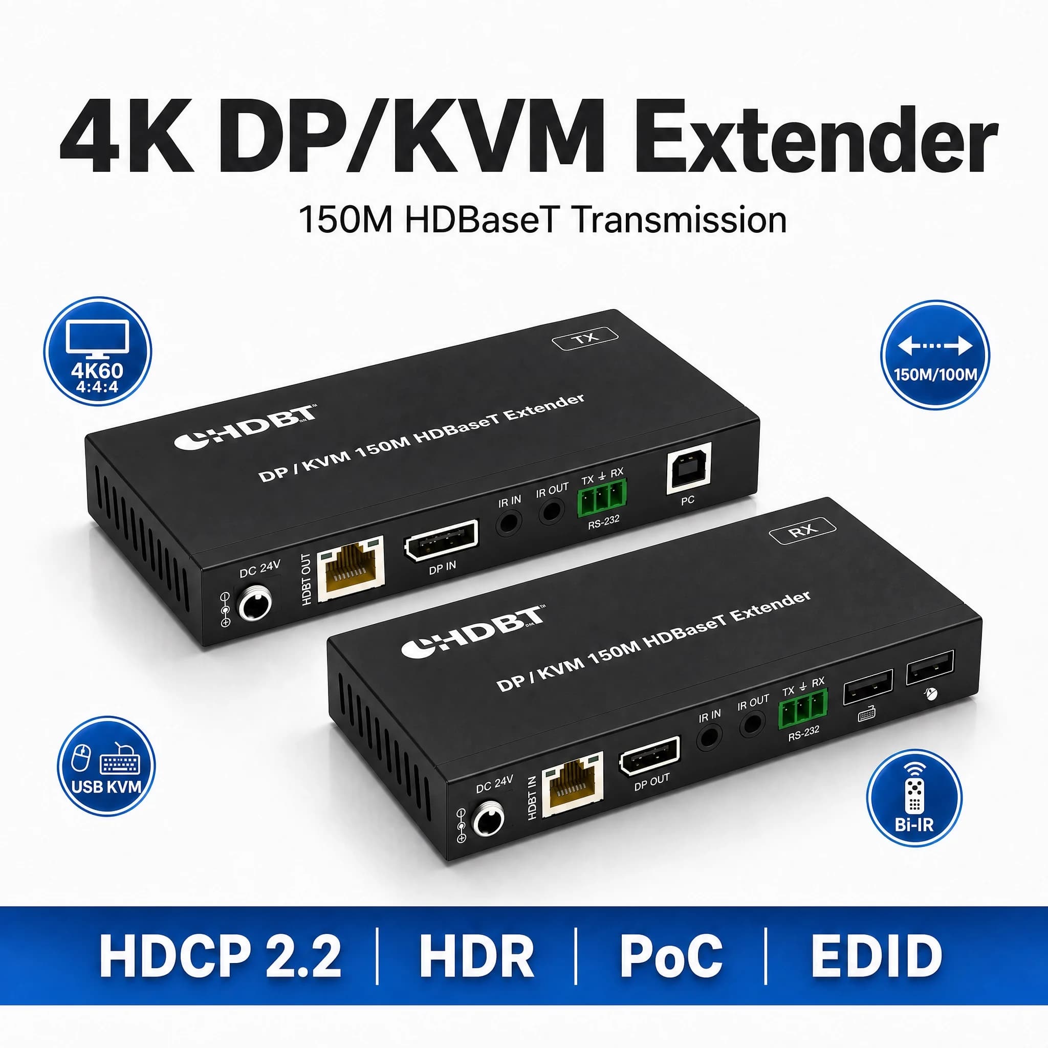 150M DP KVM HDBaseT Extender 4K@60Hz 4:4:4 DisplayPort Over Cat6 Cat6a Cable USB KVM Keyboard HDR HDCP2.2 Video Audio Extender
