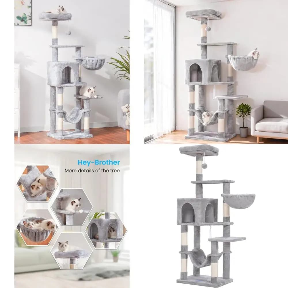 Grande Albero per Gatti con Amaca, Torre Multi-Livello con Tiragraffi in Sisal e Postazione Superiore, Grigio Chiaro