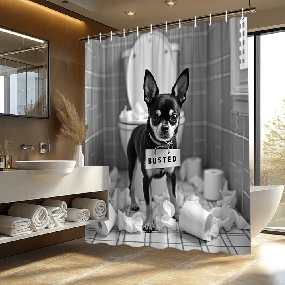 Funny Black And White Chihuahua Dog Busted Messed Toilet Paper Grey Tile Print Shower Curtain Waterproof Mildew Resistant Polyes