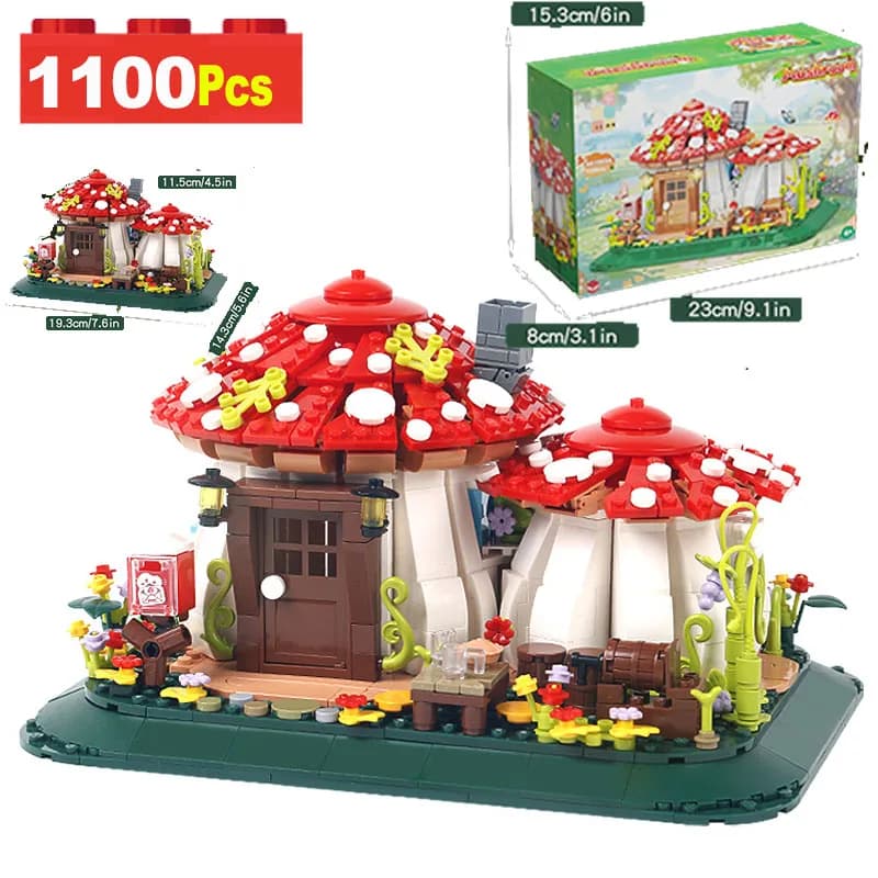 1100pcs City Creative Fairy Tale Mushroom House Model Building Blocks MOC Village Dream House Micro Bricks Toys for Kids Gifts