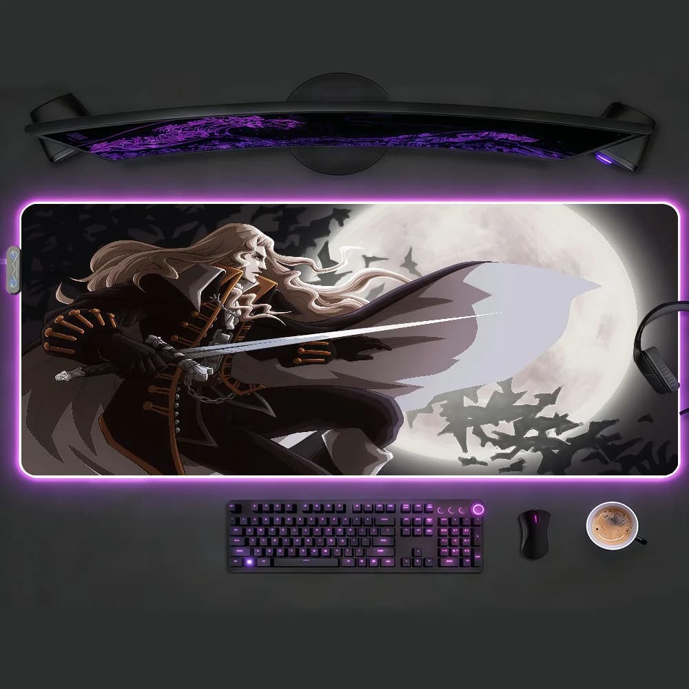 Tappetino per mouse Alucard C-Castlevania RGB LED, tappetino da scrivania antiscivolo, accessori da gioco in gomma, tappetino grande XXL per tastiera da ufficio e computer